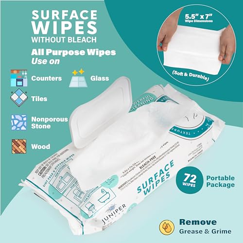 Juniper CLEAN 3 Pack Surface Cleaning Wipes Bleach Free, All-Purpose Cleaner for Bathroom, Kitchen, Office, 72 Count Soft Flow, Fresh Scent, Lint Free & Durable - size: 72 Count (Pack of 3)
