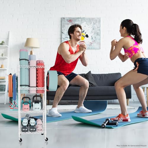 FUTASSI Home Gym Storage, 3 Tiers Workout Equipment Organizer with Wheels for Yoga Mats, Foam Roller, Dumbbells, Kettlebells, and Resistance Bands - color: White, size: Single-Row