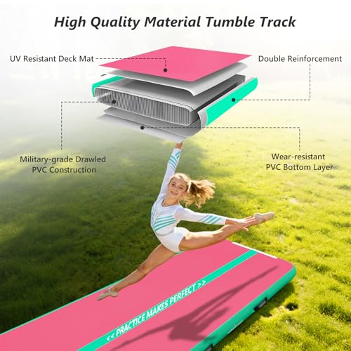 VOFiTNY All Purpose Gymnastics Mat 6.6/10/13/16/20 ft Sturdy Inflatable Tumble Track for Home/Gym - color: Pink/Green, size: 6.6ft*3.3ft*4inches(2m*1m*0.1m)