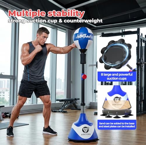 Freestanding Reflex Bag,Punching Bag with Stand,Height Adjustable,Speed Punching Ball for Reaction & Fitness Training - Stress Relief Workout for Adults，Boxing Equipment for Home Gym - color: Blue-2