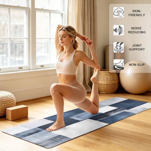 Navy Blue Grey White Yoga Mat Non Slip Abstract Art Modern Oil Painting Exercise Mat with Carrying Strap, Large Yoga Mats for Women, Workout Mats for Pilates, Stretching & Fitness - color: Blue White Gray, size: 68"L x 24"W