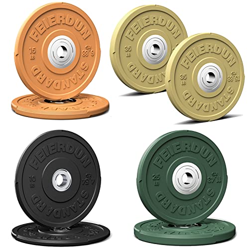 FEIERDUN Color Bumper Plate Set, 2-Inch Olympic Weight Plates, Low Bounce Rubber Barbell Plates with Stainless Steel Insert for Weightlifting, Strength Training, CrossFit & Home Gym, 10LB-370LB - style: K) 170LBS SET