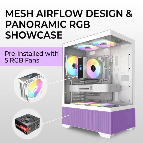 Raidmax i802 Vibe Series ATX Mid Tower Gaming Case Bundle – Tempered Glass Side Panel, Includes 700W 80+ Power Supply, AM1204 Digital Display Air Cooler, and 5 Pre-Installed FRGB Fans (Purple) - color: Purple