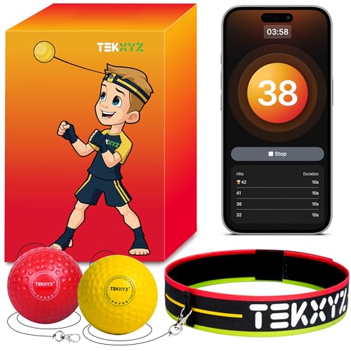 TEKXYZ® Reflex Ball with Counter App & Online Community, 2 Difficulty Levels Boxing Ball with Headband, Perfect for Reaction, Agility, Punching Speed, Fight Skill & Hand Eye Coordination Training - color: Yellow/Red