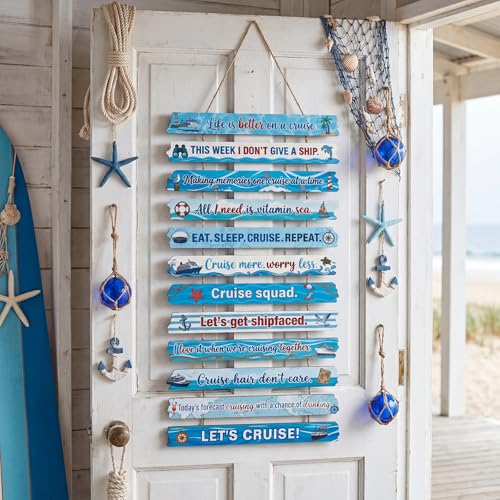 Thinkday Wooden Cruise Door Decorations Hanging Sign Large Ship Decor Banner Funny Boat Anchor Nautical Cabin Door Decor for Cruise Funny Travel Vacation Sign Accessories - color: Blue, style: Cruise Ship