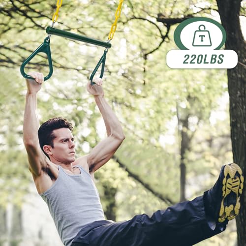 RedSwing Trapeze Swing Bar with Triangular Gymnastic Rings, Kids Swingset Heavy Duty Coated Chains with Carabiners, Outdoor Swing Play Playground Accessories, Green and Yellow - color: Green Yellow