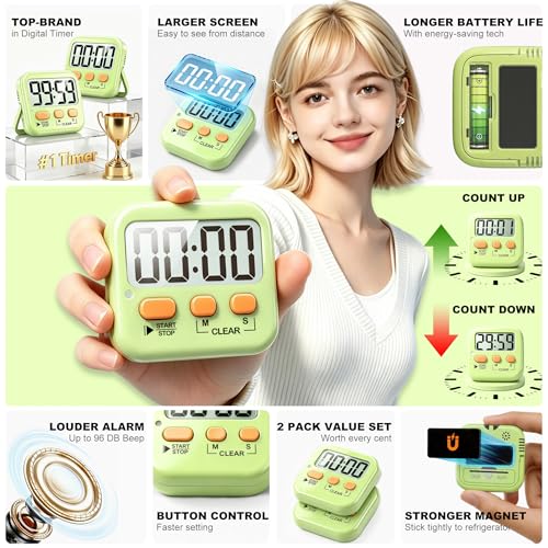 Antonki 2 Pack Digital Timer for Kids, Magnetic Countdown Kitchen Timers for Cooking, Egg, Classroom, Teacher, Exercise, Study, Oven - Battery Included - color: Light Green
