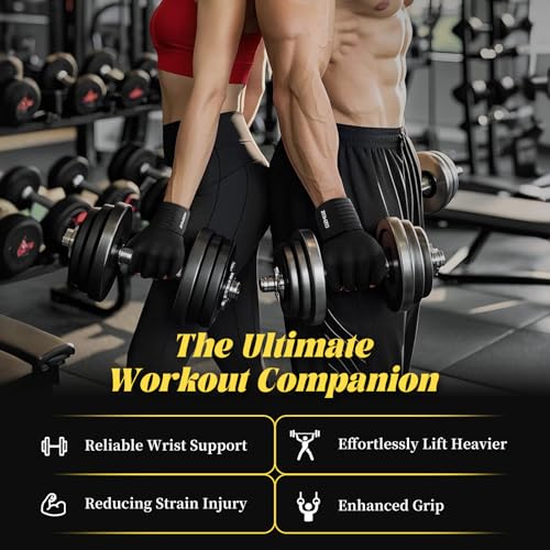 HOZMOZ Weight Lifting Gloves with Wrist Support, Gym Workout Gloves for Men Women, Full Palm 6mm Padded & Grip, Exercise Wrist Wraps for Weightlifting, Fitness, Strength Training - size: Large