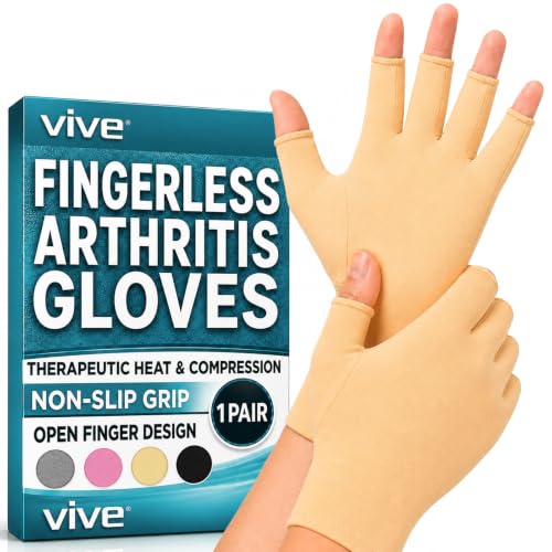 Vive Arthritis Gloves - Men, Women Rheumatoid Compression Hand Glove | Osteoarthritis- Arthritic Joint Pain Relief - Carpal Tunnel Wrist Support - Open Finger, Fingerless Thumb for Computer Typing - color: Beige, size: Large
