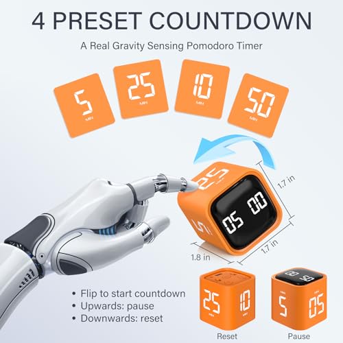 Rotating Pomodoro Timer 5, 25, 10 50 Minutes Preset, Desk Productivity Flip Timer, ADHD Tool Cube Countdown Stopwatch, Vibration/High/Low Volume/Custom Modes, for Work, Study, Back to School, Orange - color: Orange