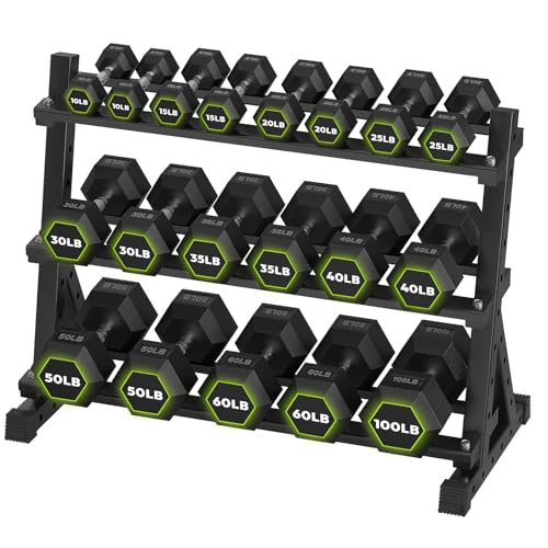 HANDBODE Rubber Coated Hex Dumbbell Set with Rack, 300-840 lb | Fixed Weights Sets with Heavy Duty Storage Stand, Multiple Weight Options Home Gym Equipment for Strength Training - style: 670 lb Set (10-100 lb) with Rack