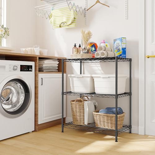3 Tier Storage Shelves Metal Shelving Unit,Adjustable Wire Rack Pantry Kitchen Shelves,Small Shelf Wire Shelving for Laundry Office Bedroom Dorm Bathroom Closet 24" W x 30" H x 14" D Black Shelves - size: Black-24" W x 30" H x 14" D