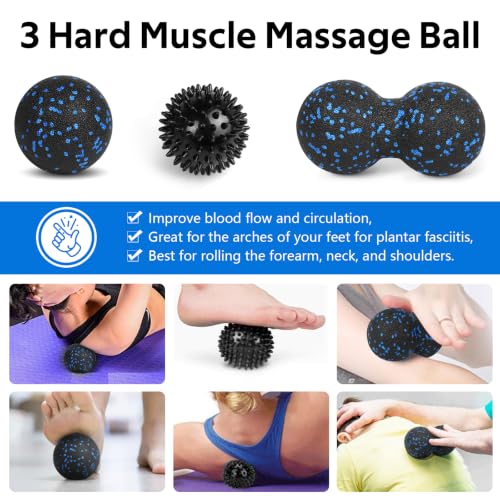 7 in1 Foam Roller Set for Deep Tissue Muscle Massager - High Density Back Roller, Muscle Roller Stick, Resistance Bands, Foot Massage Ball, Stretching Strap for Exercise, Whole Body Physical Therapy - color: Black Blue