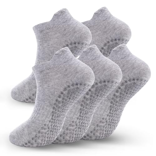 5 Pairs Pilates Socks with Grips for Women Non Slip Grip Yoga Crew Socks for Barre Hospital Barefoot - color: A - 5 Pairs Gray