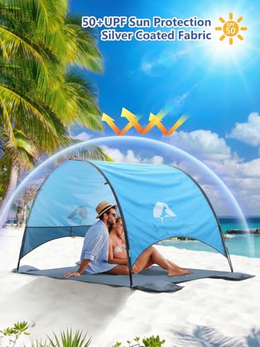 Beach Umbrella with UPF 50+ UV Protection, Portable Beach Tent Canopy with 360° Ventilation, 4 Sandbags, Wind Ropes & Stakes, Storage Pockets for Beach, Travel, Backyard (4)