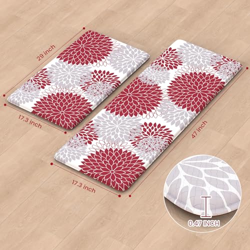 Anti Fatigue Kitchen Mats for Floor 2PCS,17"x47"+17"x29" Farmhouse Dahlia Kitchen Rugs Non Slip Rubber Backing,Waterproof Cushioned Standing Mat for Office,Laundry,Sink,Desk,Red - color: Red, size: 17.3" x 47 "+ 17.3" x 29 "--0.47 inches