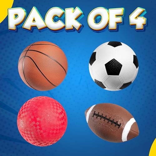Sports Balls for Kids & Toddlers - (Pack of 4) 5-inch Sports Set Includes Football, Small Size Soccer, Basketball, and Playground Balls, Fun Indoors & Outdoor Toys (Hand Pump Included) - color: Regular, size: 5-Inch