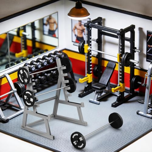 TOYANDONA Mini Fitness Model Squat Rack Pen Holder with Barbell Display Stand for Dollhouse Gym Desk Decor 6.29X4.72X3.93Inch Miniature Dollhouse Accessory