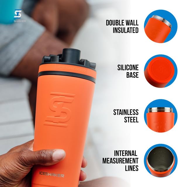 Ice Shaker Insulated Stainless Steel Shaker Bottle | 26oz, Orange | Cold for 30+ Hours | Insulated Cup with Twist-on Agitator | Odor-Free Bottle for Protein Shakes, Water, Smoothies, Cocktails - color: Orange
