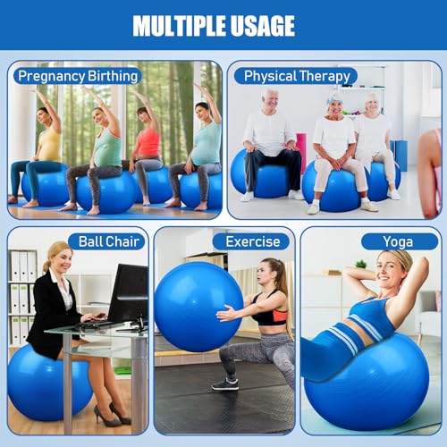 Leyndo 4 Pcs 26 Inch Yoga Exercise Ball Pilates Pregnancy Birthing Fitness Ball with Quick Pump Anti Burst for Improved Posture, Balance, Yoga, Pilates, Training - color: Blue