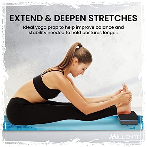 Millenti Gray Black Yoga Block Yoga Brick - Sold as Single EVA Foam Block, Bevelled Edge, Non-Slip, Latex-Free Block with a Workout Chart 9x6x4” - color: Blue