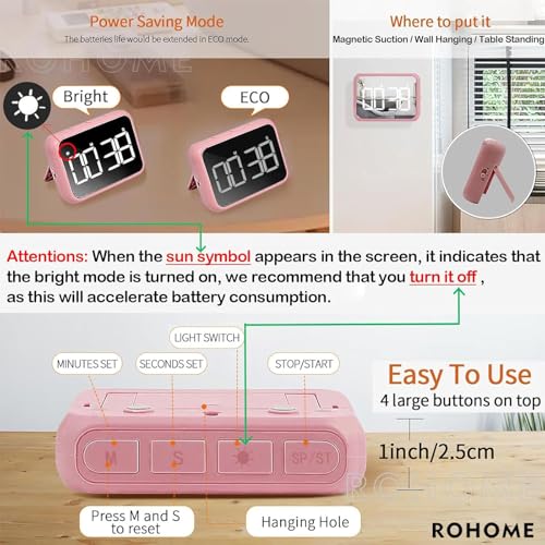 Digital Large Display Visual Timer Stopwatch for Kitchen Teacher School Classroom Cooking, Night Light Magnetic Bathroom Makeup Mirror LED Stop Clock Timer, 99 Minutes Countdown, Loud/Silent (Pink) - color: Pink