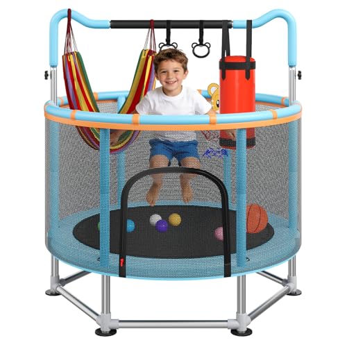 Full Wrap-Around Double Ring Legs 440lbsToddler Trampoline with Net,Trampoline for Kids - color: Blue, size: 55''