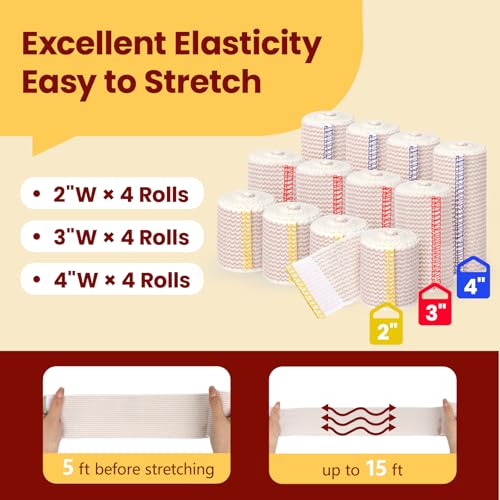 12 Pack Elastic Bandage Latex Free Stretch Bandage (2x2",2x3",2x4") | 15FT Max Stretch Length, Latex Free, Reusable Medical Bandage Wrap, Machine Washable, Breathable Fabric, Individually Packed - size: 12 Pack