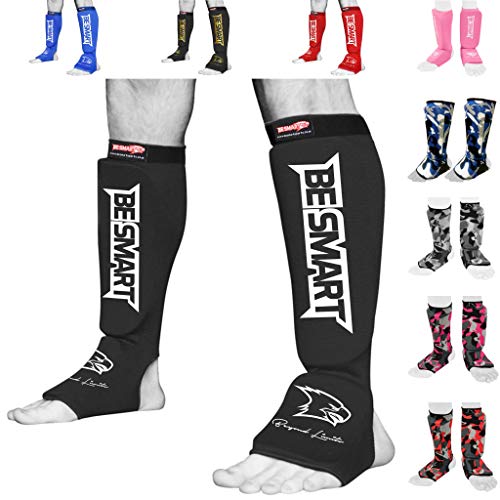 Be Smart Kids, Adults, Youth, Men and Women Muay Thai MMA Kickboxing Shin Guards, Instep Guard Training, Sparring Protective Gear Equipment Shin Kick Pads - color: Black, size: XXXS ( 3 to 8 Years )