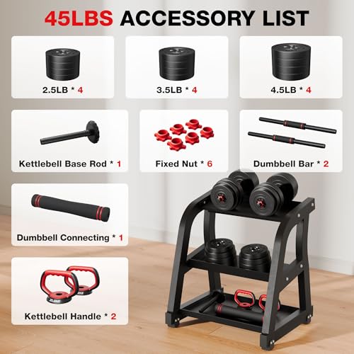 AD01 Adjustable Dumbbells Set, 30/45/70/92LBS Free Weight Set, 5 in 1 Weight Set Used as Kettlebells, Barbell, Push up Stand, Exercise Fitness for Home Gym Suitable Men/Women - size: 45LB(22.5LB Pair)