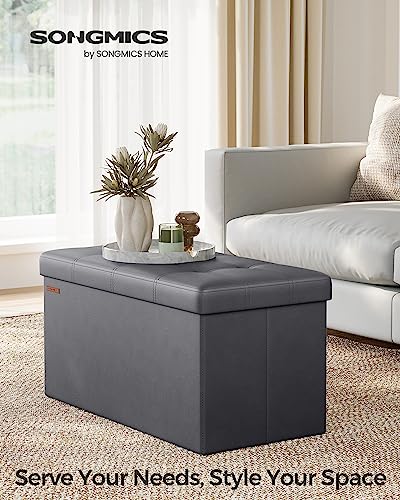 SONGMICS Mazie Collection - 30 Inches Folding Storage Ottoman Bench, Ottoman with Storage, Foot Rest Stool, Load 660 lb, for Living Room, Synthetic Leather, Dark Gray ULSF040G01 - color: Dark Gray, size: 15"D x 30"W x 15"H