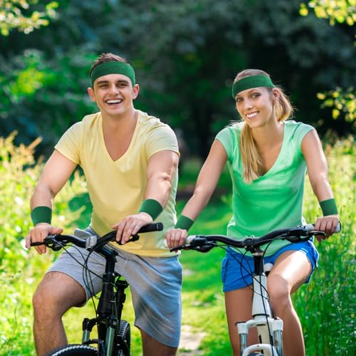 Bememo 6 Pcs Neon Sports Sweatbands Set Sports Competitions Sweatbands 2 Headband 4 Wristbands Breathable Terry Cloth Athletic Bands for Team Soccer Spirit 80s Costumes Cosplay - color: Dark Green