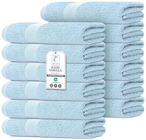 Commercial Bulk Pack of 12 Large Bath Towels – 100% Cotton Terry 24" x 50" – Ideal for Hotels, Salons, Gyms, Spas & Institutional Use – Sky Blue - color: Sky Blue, size: 24"x50" - PK 12