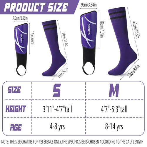 Soccer Shin Guards and Socks Kids Youth Lightweight Soccers Pads Defender with Ankle Protection Ski Shin Guards Football Equipment for Age 4-14 Toddler Boy Girl - color: Purple, size: Small