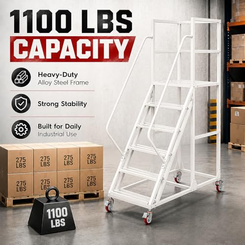 5 Step Rolling Ladder with Handrails, 1100 lbs Capacity Heavy Duty Mobile Warehouse Ladder with Wheels, Industrial Steel Non-Slip Rolling Stairs with Large Platform, for Garage Stockroom Library - color: White, size: 5 Step