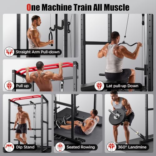 SPORTSROYALS Power Rack, Multi-Functional Power Cage, Squat Rack with Pulley System & LAT Pull Down, Workout Cage with J Hooks for Home Gym - color: Red, style: Power Cage Only