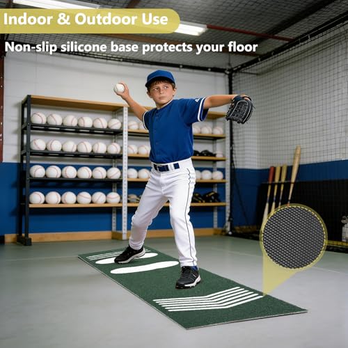 Softball Pitching Mat,Wear-Resistant Portable Training Mat for Batting Stance Practice,Indoor/Outdoor Practice Baseball Strike Zone Mat for Youth Beginners,54" L x 12" W - color: Green