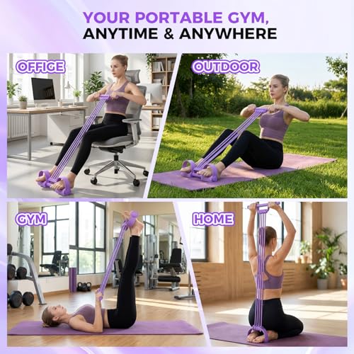 Pedal Resistance Band with Handle, Sit Up Exercise Equipment | Upgraded 8-tube multifunction pedal resistance band for home gym. Non-slip foam handles and foot pedals for full body workout - color: Purple