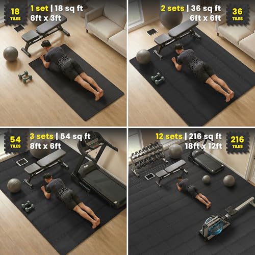 bemaxx Gym Mats Set - 18 pcs EVA Interlocking Foam Floor Tiles (12.6"x12.6"x0.4") 18sqft Protective Gym Flooring Sports Home Workout Exercise Mats Puzzle Garage Fitness Play-Room Pool Treadmill Bike - color: Anthracite | 1-side Antislipx, size: 18 Tiles |