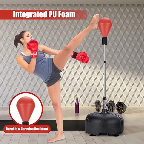 Goplus Punching Bag with Stand for Adults, Freestanding Reflex Speed Bags with 55’’-62.5’’ Adjustable Height, Boxing Equipment with Gloves for Home Gym Workout MMA Training, Fitness - color: Red+Black