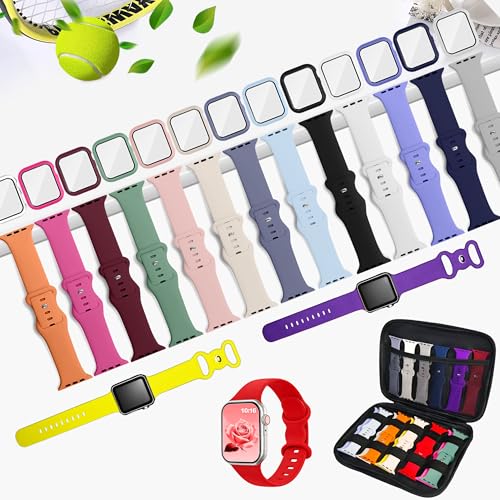 16 Pack Band Compatible with Apple Watch Bands 40mm 41mm 42mm 44mm 45mm 46mm for Women Men, Screen Protector Case Band&Organizer for iWatch Series 11 10 9 8 7 6 5 4 SE（Please select the correct size） - size: Series 11 10 46mm
