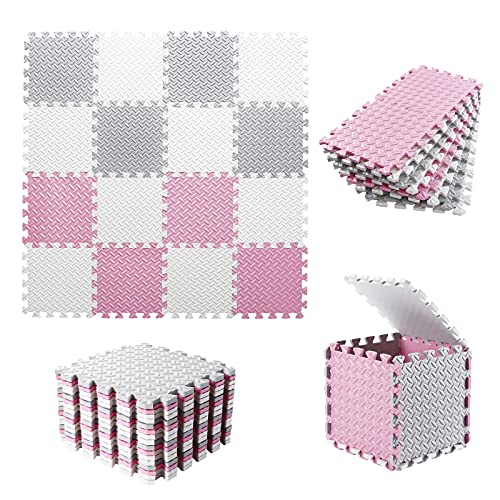 Foam Play Mat for Baby, 0.4 Inch Thick Foam Interlocking Floor Mats, Soft Non-Toxic Baby Playmat, Solid Colored Puzzle Play Mat Kids Floor Mats for Toddler, 16 Tiles(White/Light Gray/Pink) - color: White/Light Gray/Pink, size: 16 Pcs/47.2*47.2