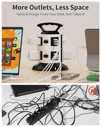 Power Strip Tower with 6 Outlets, 4 USB-A & 2 USB-C Ports, 1875W/15A Heavy Duty Charging Station for Multiple Devices, Plug Tower with 6ft Extension Cord, for Home, Office, Dorm - size: 2-Tier