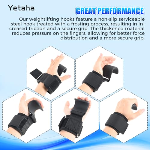 Yetaha Weight Lifting Hooks, Wrist Support Hooks, Wrist Guard Steel Plate Hook, Anti-slip Hanging Single Bar Weightlifting Hooks for Deadlifts Pull Ups Shrugs, Gym Gloves Men and Women