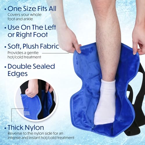 Ankle Ice Pack Wrap, Full Foot Large Reusable Hot Cold Therapy Pack for Achilles Tendonitis Relief, Swelling, Plantar Fasciitis, Heel Pain, Plush Lining, with Strap, Birthday Father's Day Gift