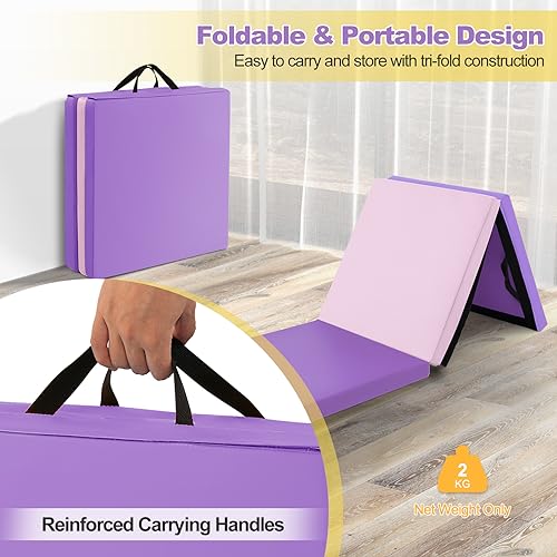Goplus Folding Gymnastics Mat, 6’ x 2’ x 2’’ Thick Tri-Fold Exercise Tumbling Mat w/Carrying Handles, Hook & Loop Fastener, Gym mats for Home Fitness Yoga Aerobics Workouts Martial Arts - color: Purple + Pink
