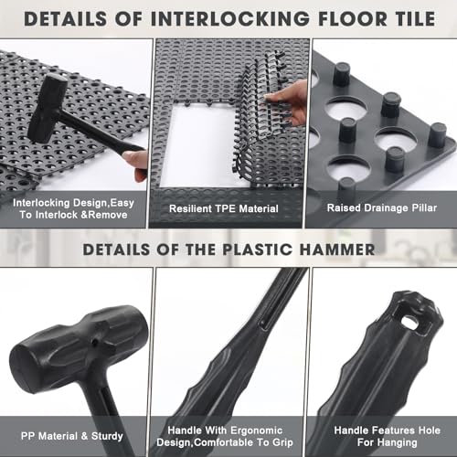 Drydiet 8 Pack Drainage Tiles Modular Interlocking Floor Tiles with 1 Pc Plastic Hammer 12" x 12" Cushion Mat Non Slip Rubber Floor mat with Holes for Pool Bathroom Deck Kitchen Patio (Black) - color: Black