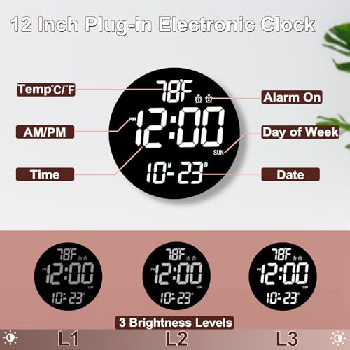 QINFIEY Large 12" White Digital Wall Clock with Remote Control | LED Display Plug-in Clock with 3 Brightness Levels & Temperature Display Perfect for Home, Gym, Classroom, Office - color: White, size: 12 Inch
