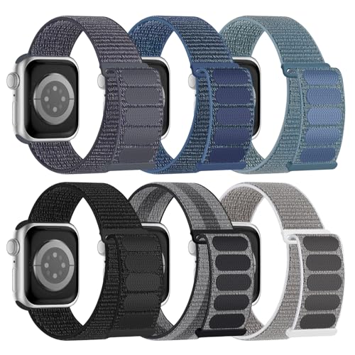 6 Pack Sport Nylon Loop Band Compatible with Apple Watch Band 38mm 40mm 41mm 42mm 44mm 45mm 46mm 49mm for Women Men, Adjustable Breathable Braided Straps for iWatch Series 11/10/9/8/7/6/5/4/3/SE/Ultra - color: Grey/Black/Sea Shell/GreyBlack/Ocean Blue/ Ce