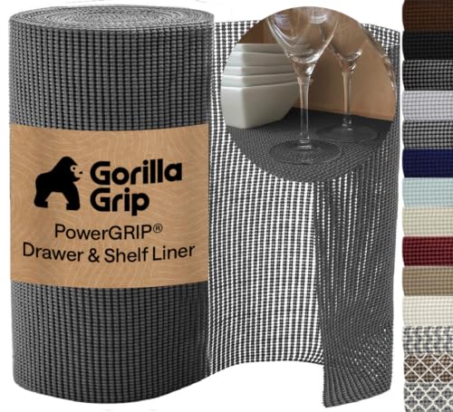 GORILLA GRIP powerGRIP Drawer Shelf and Cabinet Liner, Thick Strong Hold, Non-Adhesive Liners Protect Kitchen Cabinets and Cupboard, Bathroom Drawers, Easy Install, Breathable Mat, 12" x10', Charcoal - color: Charcoal, size: 12" X 10', style: 12" x 10'